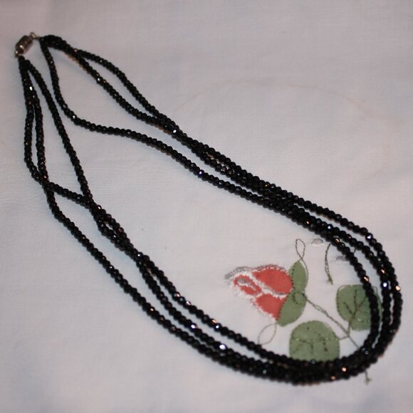 Vintage 3-Strand Black Spinel Bead Necklace - Sterling 925 Magnetic Clasp "PJC" - Picture 1 of 16